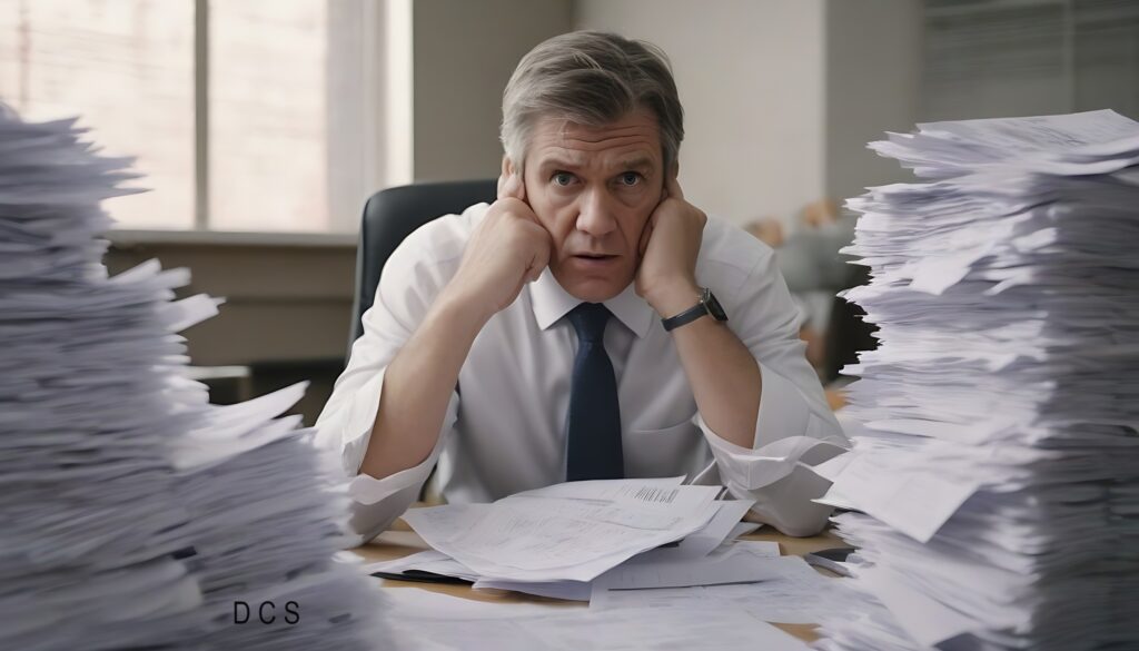 Image of a male sat at a desk surrounded by invoices