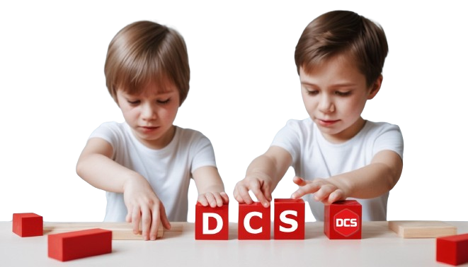 Two children wearing white t-shirts playing with D C S building blocks