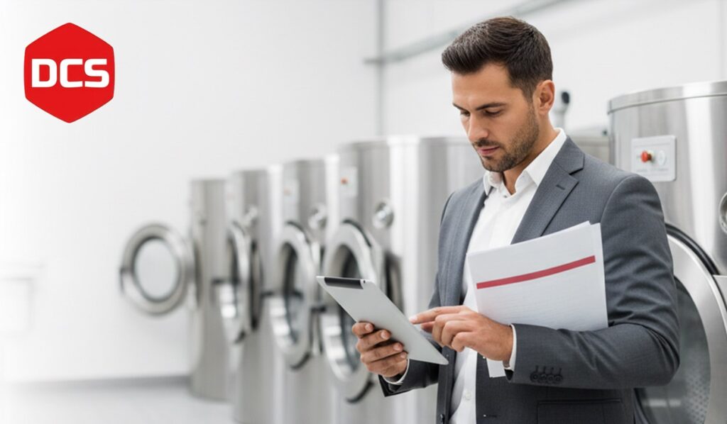 DCS image and a row or large commercial laundry machines.  Also a man with a clipboard.
Commercial laundry debt collection for unpaid B2B invoice