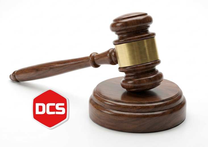 Judge's wooden gavel with brass band resting on a sound block, beside a red DCS logo, on a white background.