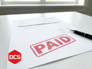 Invoice on a desk with a large red PAID stamp, a black pen, and a DCS logo visible in the corner.
