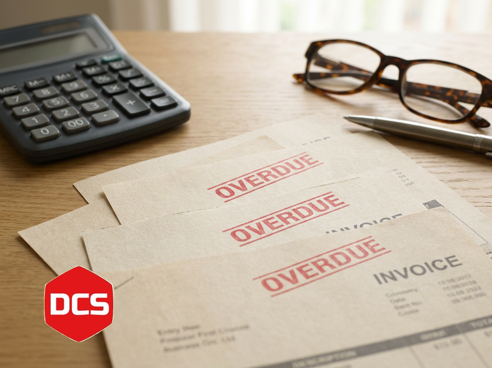 Overdue invoices on a desk with a calculator, glasses, and a pen; DCS logo in the corner.