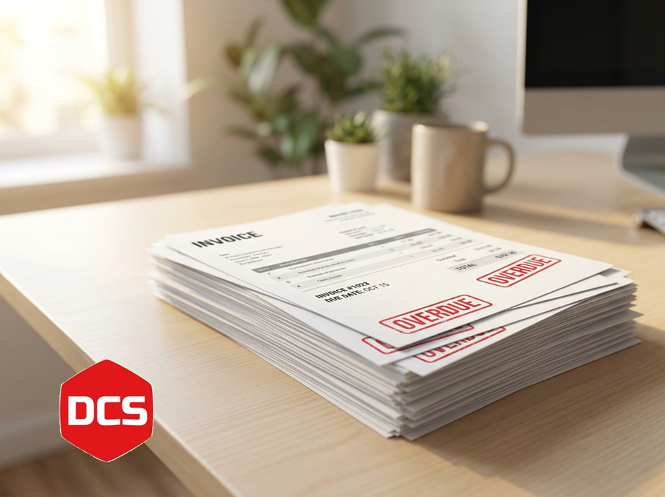 Stack of invoices on a wooden desk with red 'Overdue' stamps and a DCS logo in the corner