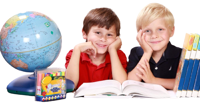 Photo showing a world globe, two boys and some books