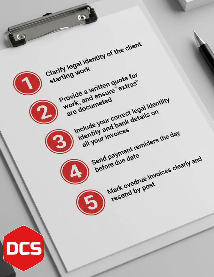 5 Quick Wins to get paid faster, shown on a clipboard