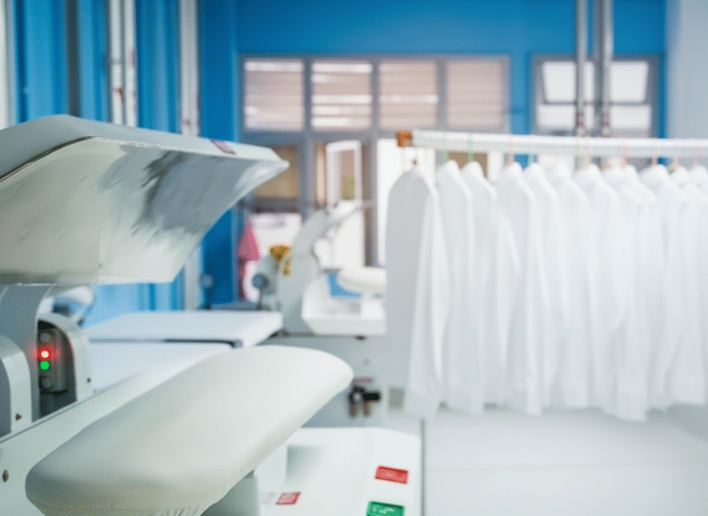 Industrial laundry ironing machine in commercial laundry facility